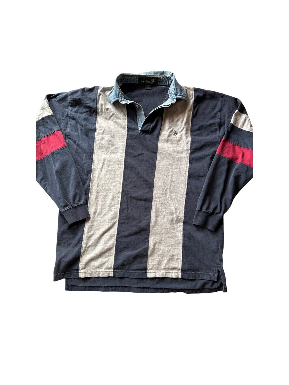 Vintage King’s Court Navy Gray Red Vertical Striped Denim Collar XL Rugby